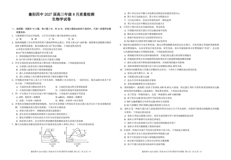 湖北省襄阳四中2027届高三年级8月质量检测【生物】试题+答题卡+答案.pdf_第2页