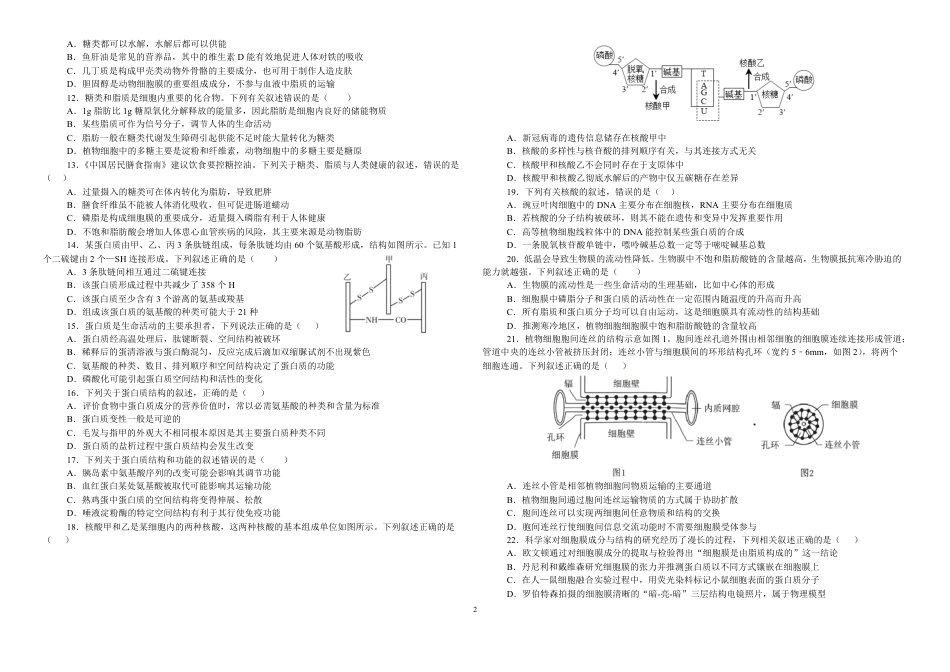 湖北省襄阳市第四中学2026-2027学年高一上学期8月素养测试生物试题（含答案）.pdf_第2页