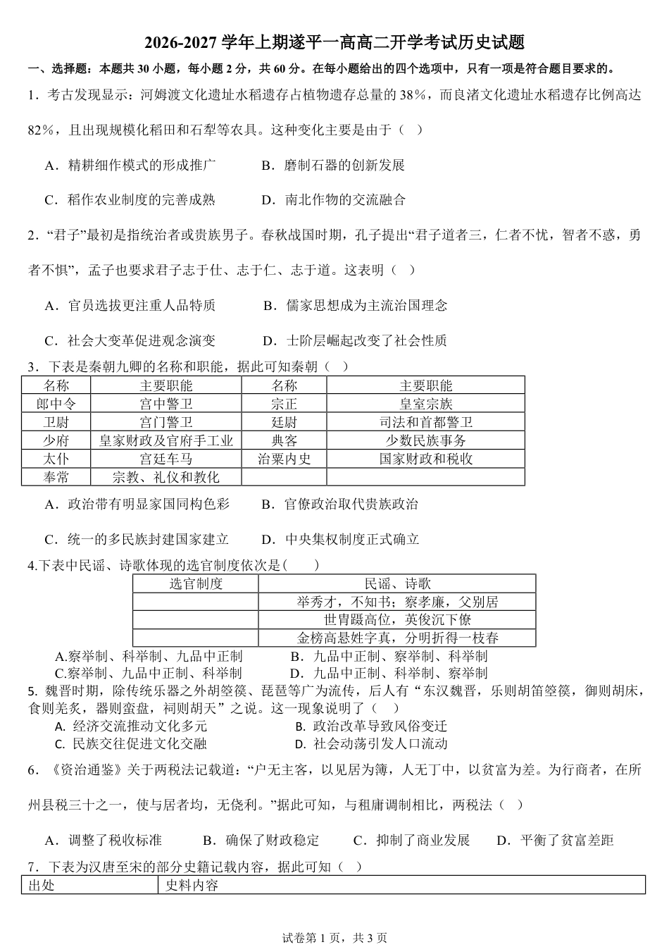 河南省驻马店市遂平县一中2026-2027学年高二上学期开学素养能力提升考试【历史】试题+答案.pdf_第1页