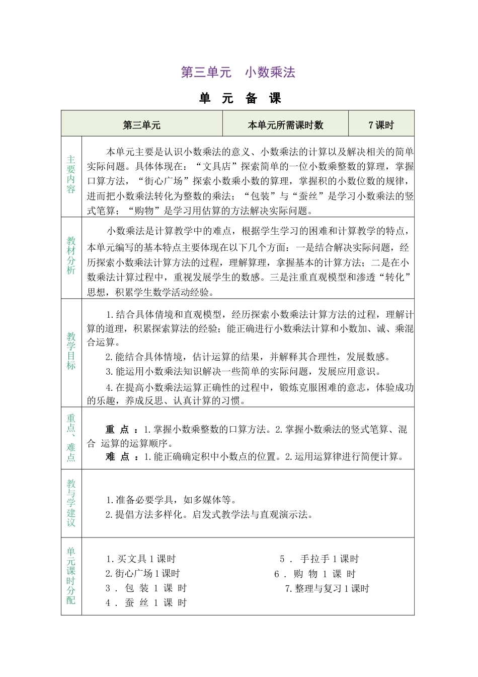 北师大版（2026秋新版）五年级数学上册《第三单元 小数乘法》教案合集.docx_第1页