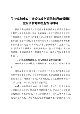 2026关于高标准农田建设领域交叉巡察反馈问题民主生活会对照检查发言材料.docx
