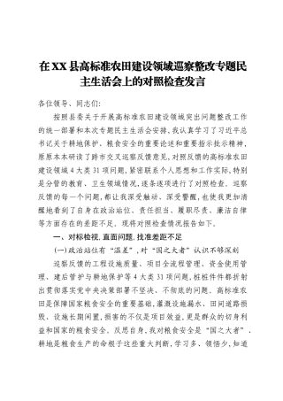 2026在县高标准农田建设领域巡察整改专题民主生活会上的对照检查发言.docx