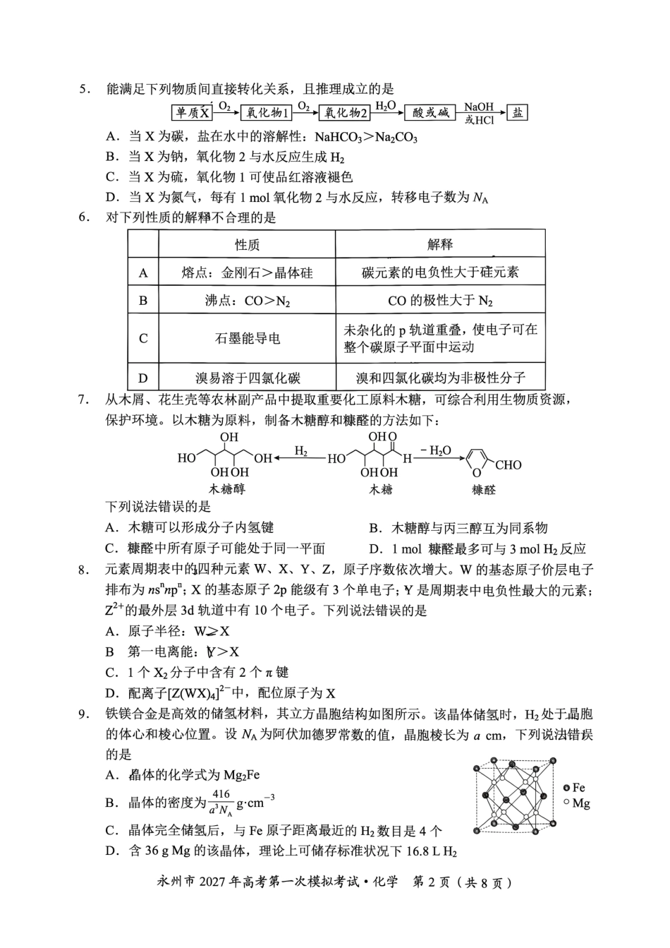 湖南省永州市2027届高三上学期第一次模拟考试 化学试题和答案.pdf_第2页