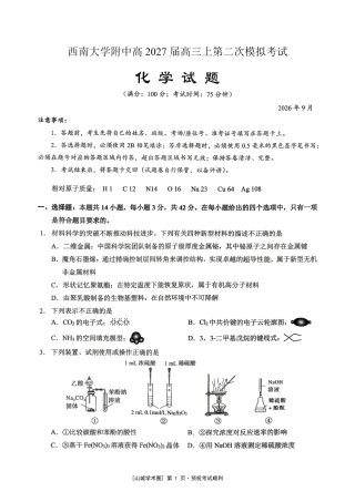 重庆西大附中等校2027届高三上学期九月联合诊断考试【化学】试题+答案.pdf