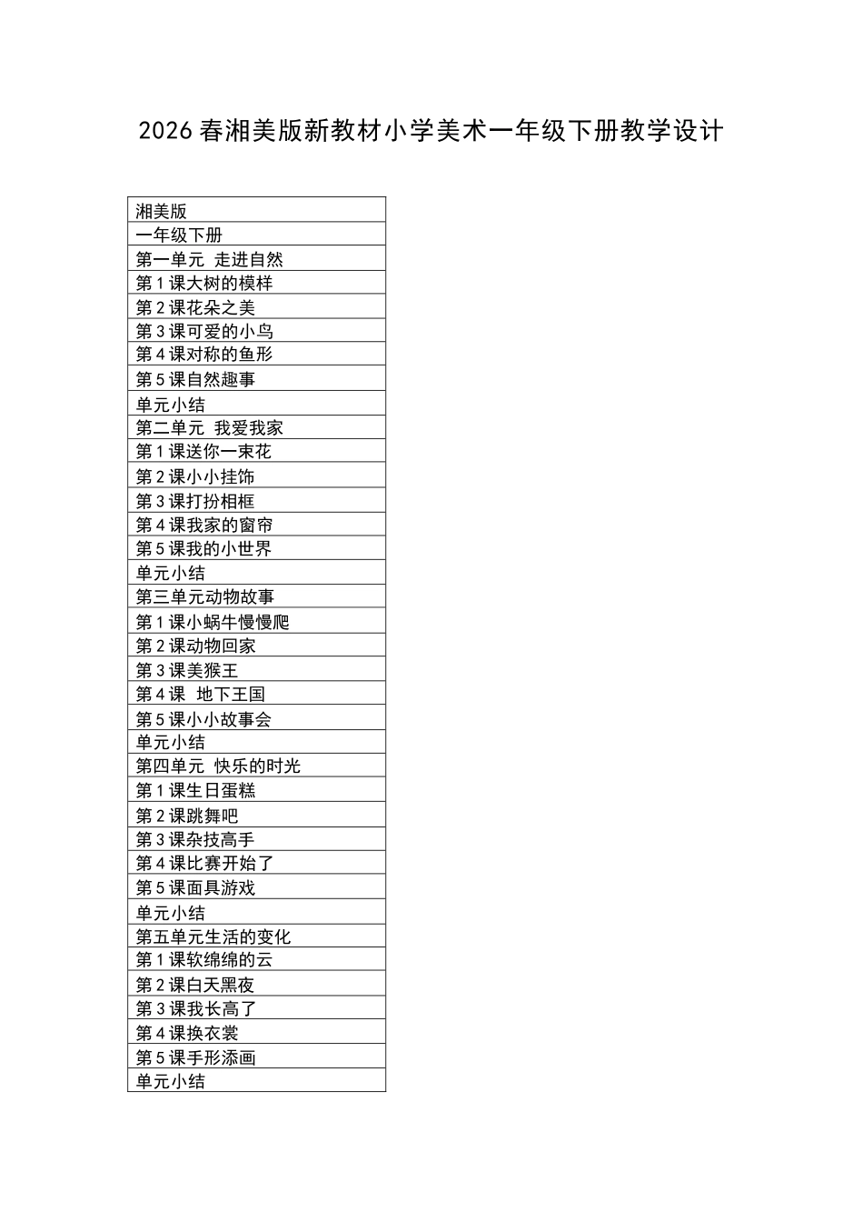 2026年湘美版小学美术一年级下册教学设计（新教材）.docx_第2页