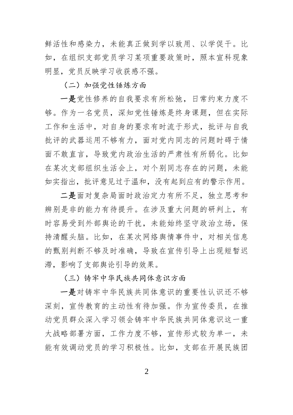 党支部宣传委员2026年度专题组织生活会个人发言提纲.docx_第2页