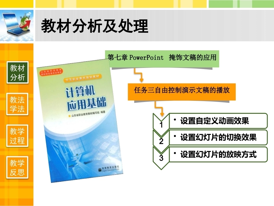 全国“创新杯”说课大赛计算机应用基础类优秀作品 ：制作PPT同步动画说课课件.pptx_第3页