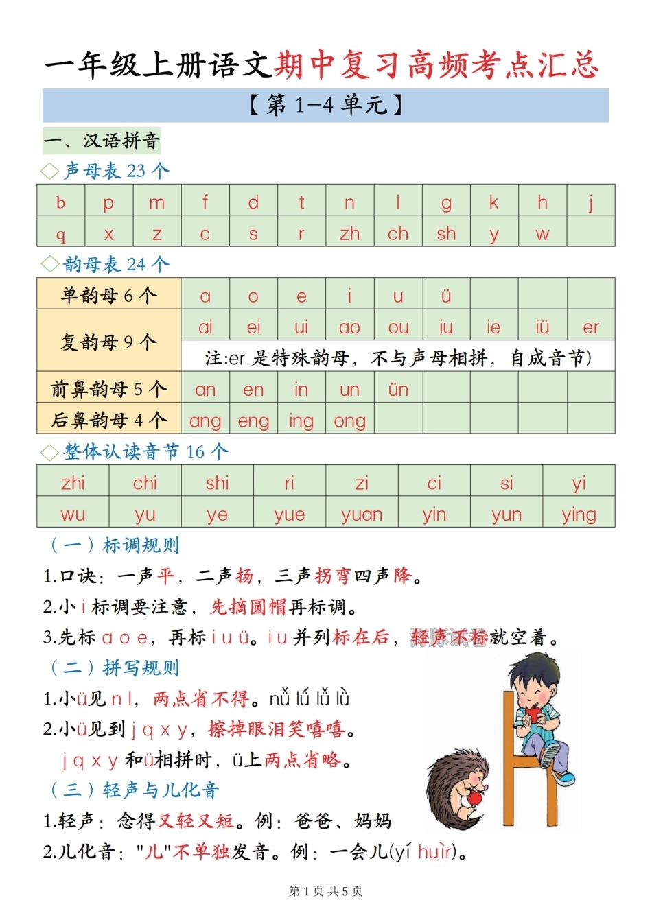 一年级上册语文期中复习高频考点汇总.pdf_第1页