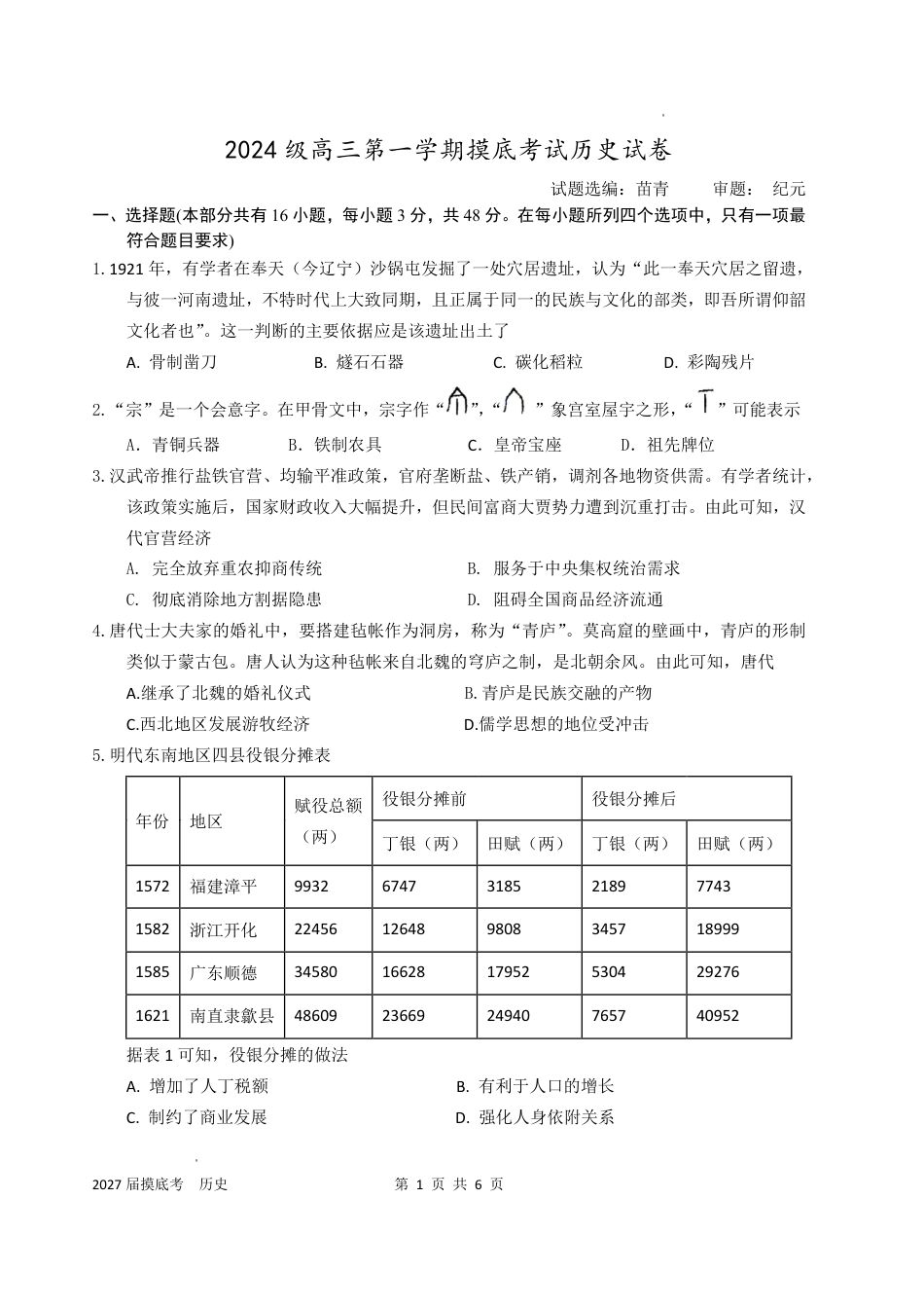 广东汕头市金山中学2027届高三上学期摸底考试（历史）试题+答案.pdf_第1页