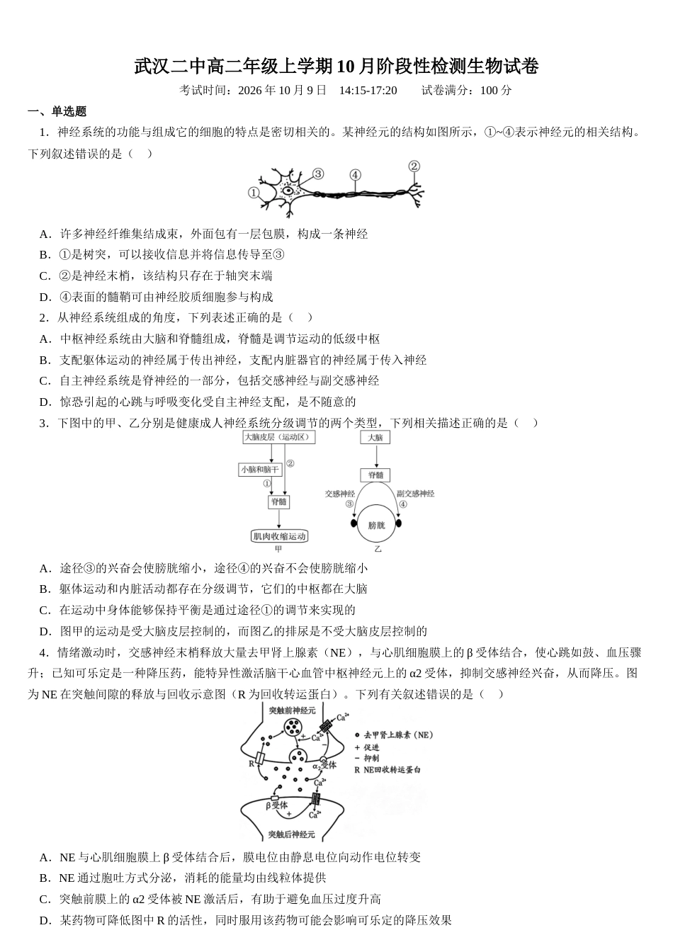 湖北省武汉市第二中学2026-2027学年高二上学期10月阶段性检测生物试卷（含答案）.docx_第1页