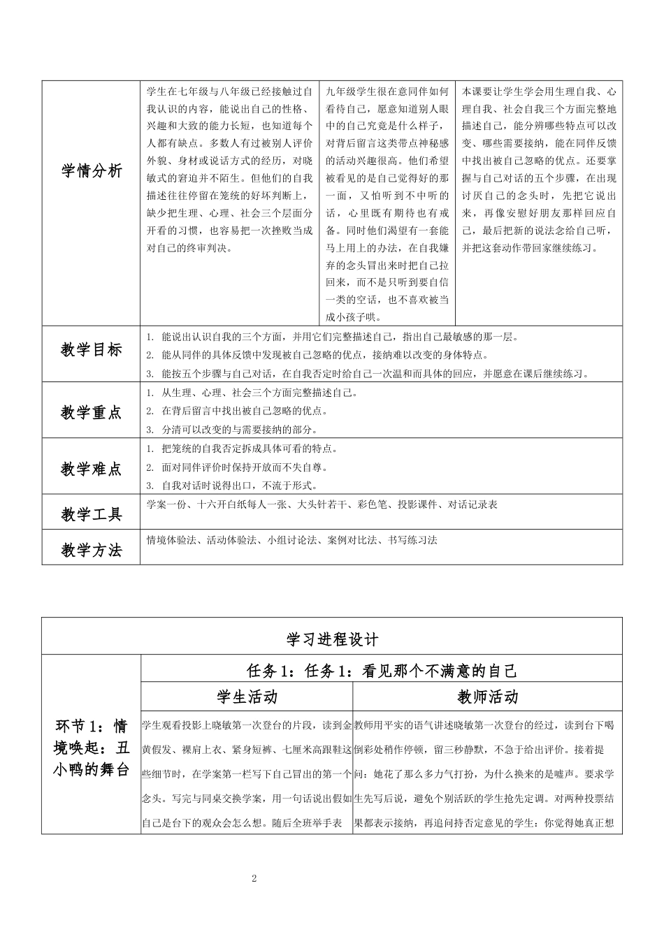 2026秋北师大版心理健康九年级全一册第二单元 真我风采·第4课 欣赏本真的自己（第1课时）分课时教学设计[2012纲要2025修改].docx_第2页