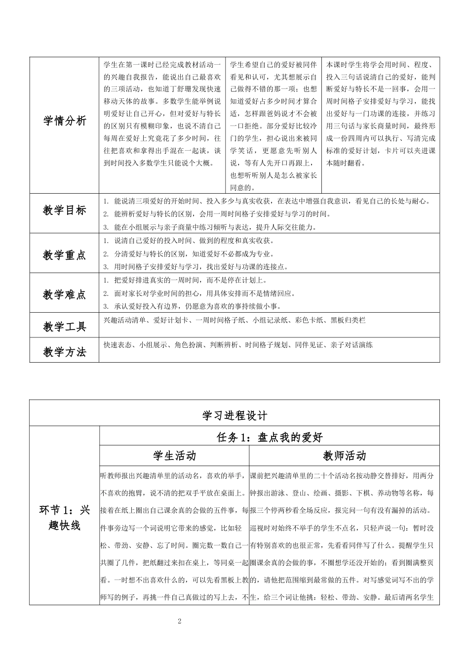 2026秋北师大版心理健康六年级上册第二单元 善学善处 守护成长·第8课 我的业余爱好（第2课时）分课时教学设计[2012纲要2025修改].docx_第2页