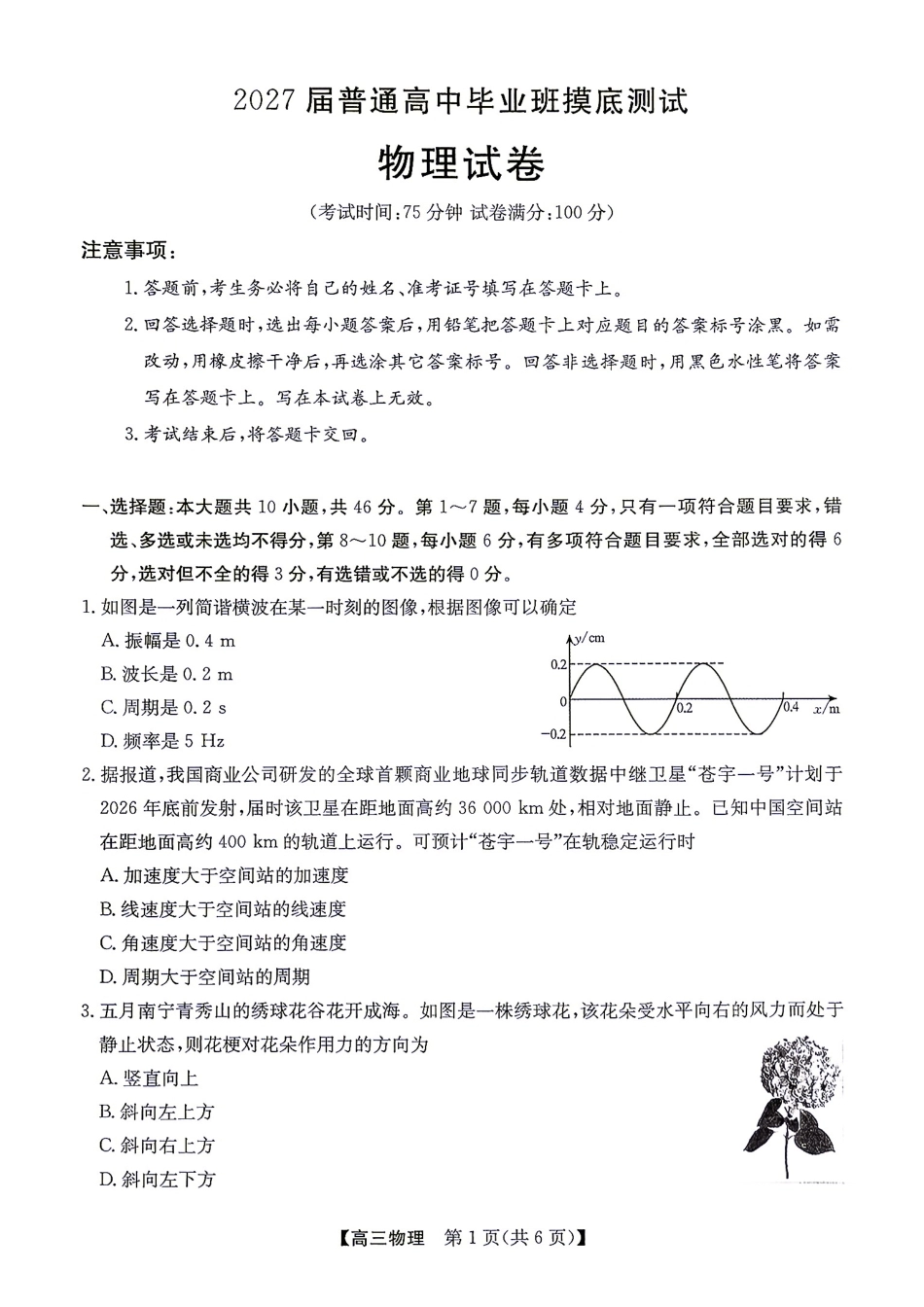 广西南宁市2027届普通高中毕业班摸底测试【物理】试题+答案.pdf_第1页