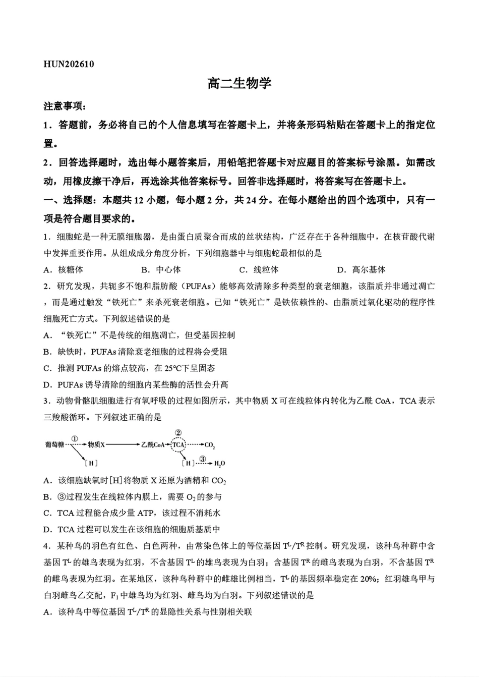湖南天一大联考2026-2027学年高二10月阶段性素质评价（HUN202610）（生物）试题+答案.pdf_第1页