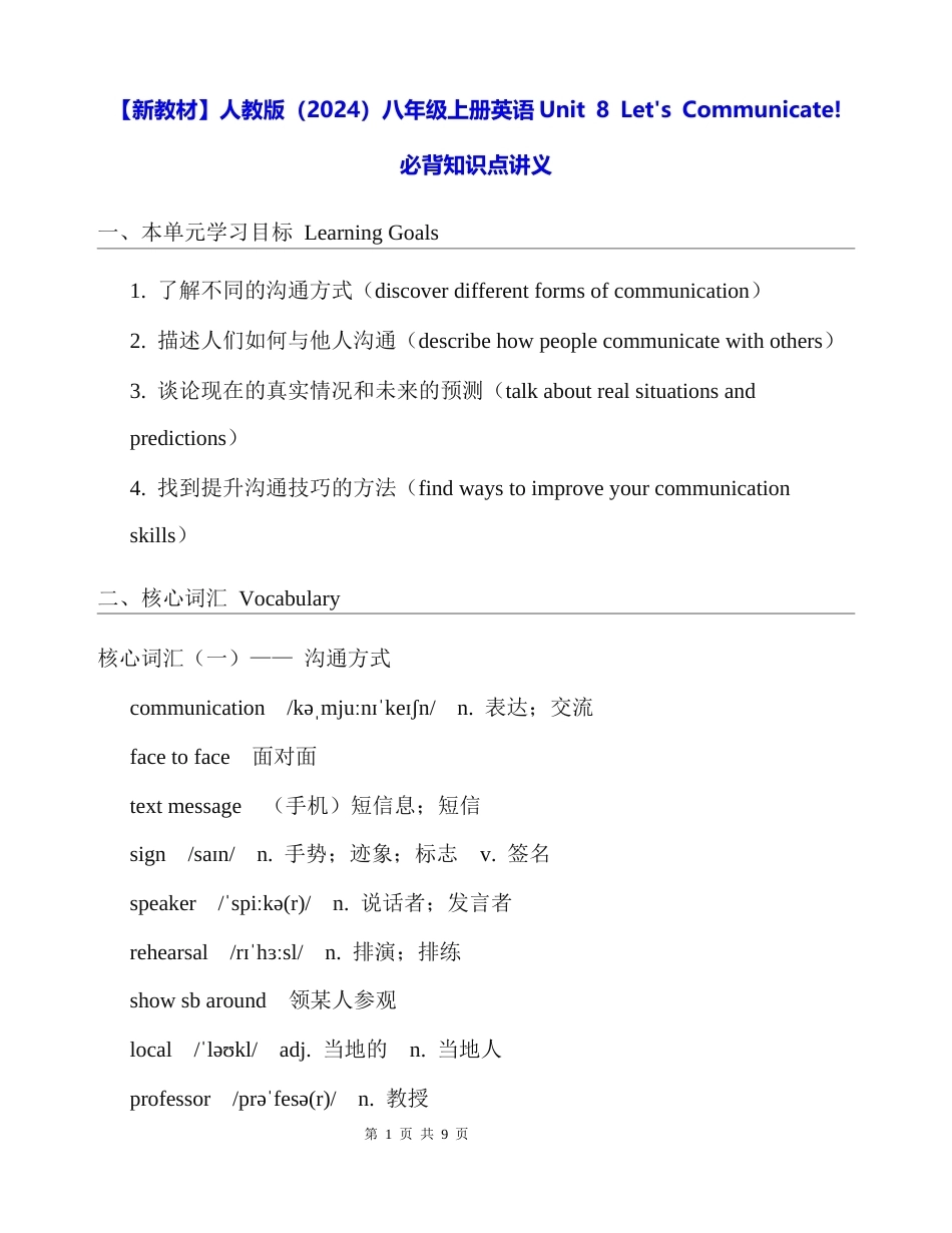【新教材】人教版（2024）八年级上册英语Unit 8 Let's Communicate! 必背知识点讲义.docx_第1页