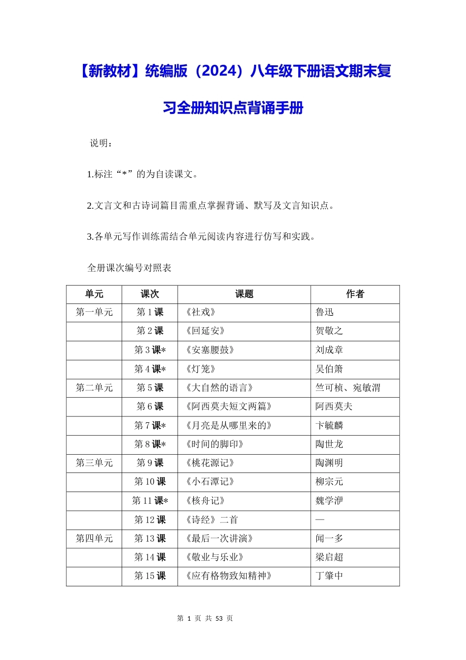 新教材统编版2024八年级下册语文期末复习全册知识点背诵手册.docx_第1页