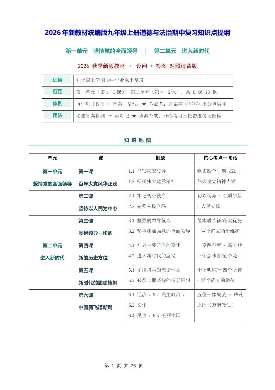 2026年新教材统编版九年级上册道德与法治期中复习知识点提纲.docx_第1页
