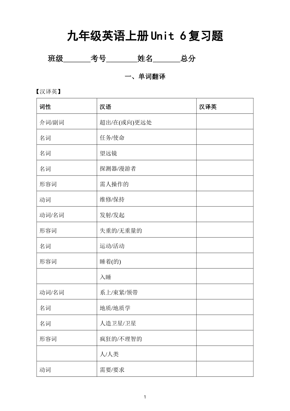 初中英语新人教版九年级上册Unit 6 Beyond Earth复习题（附参考答案）（2026秋）.doc_第1页