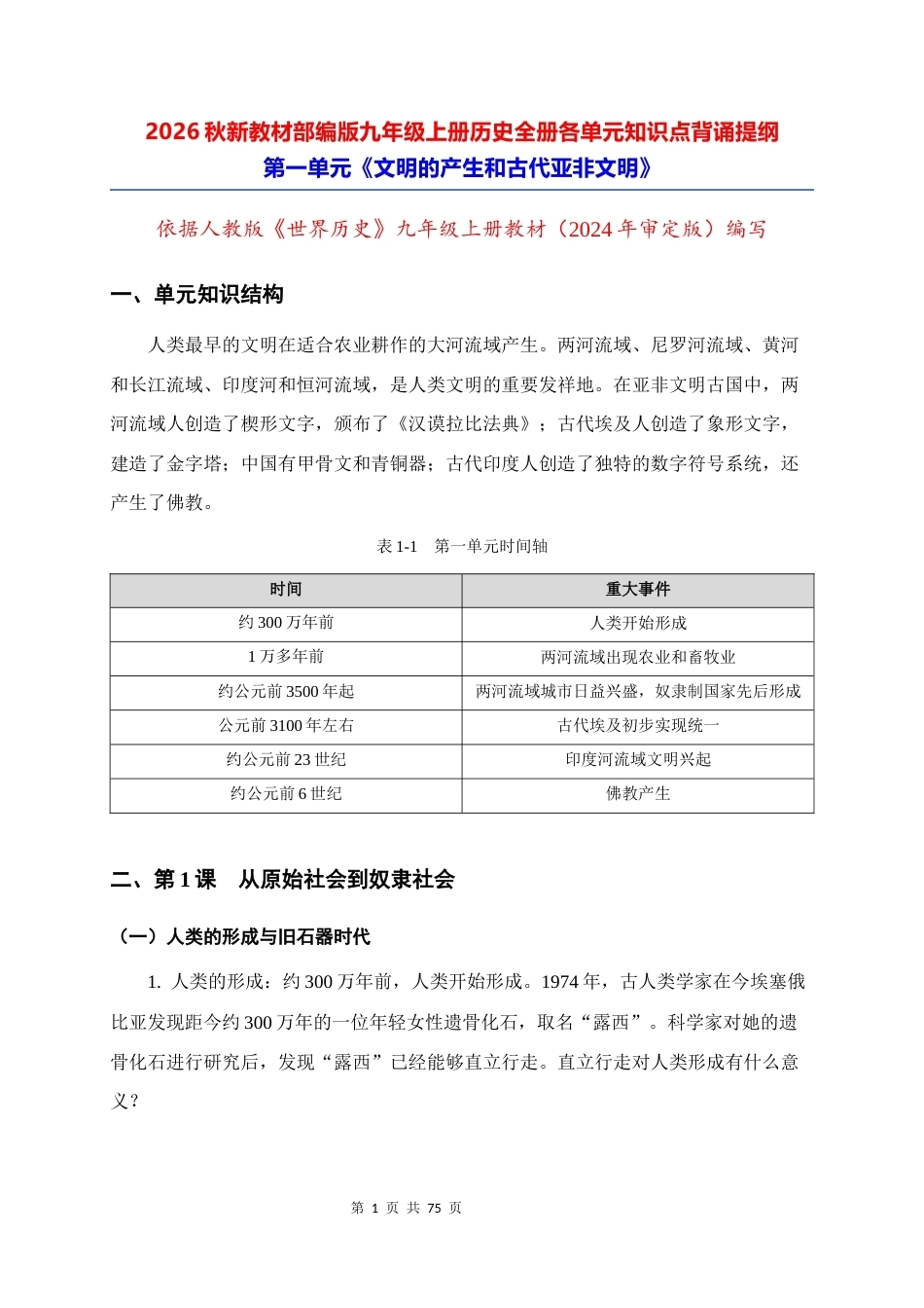2026秋新教材部编版九年级上册历史全册各单元知识点背诵提纲.docx_第1页