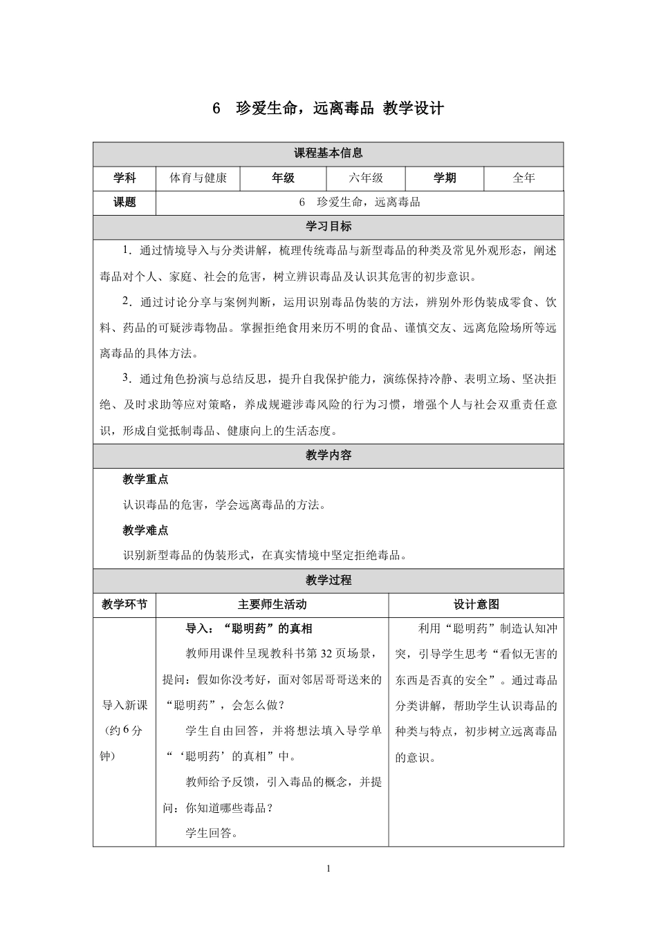 人教版六年级体育与健康（全一册）6　珍爱生命，远离毒品.docx_第1页