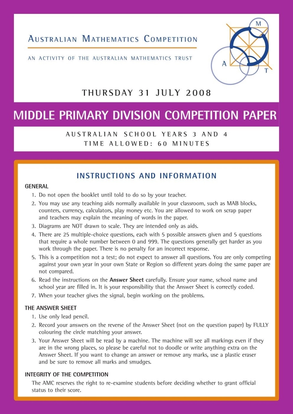 澳大利亚数学竞赛AMC-A：3-4年级英文历年真题含答案2008-2019，AMC MiddlePrimary.pdf_第1页