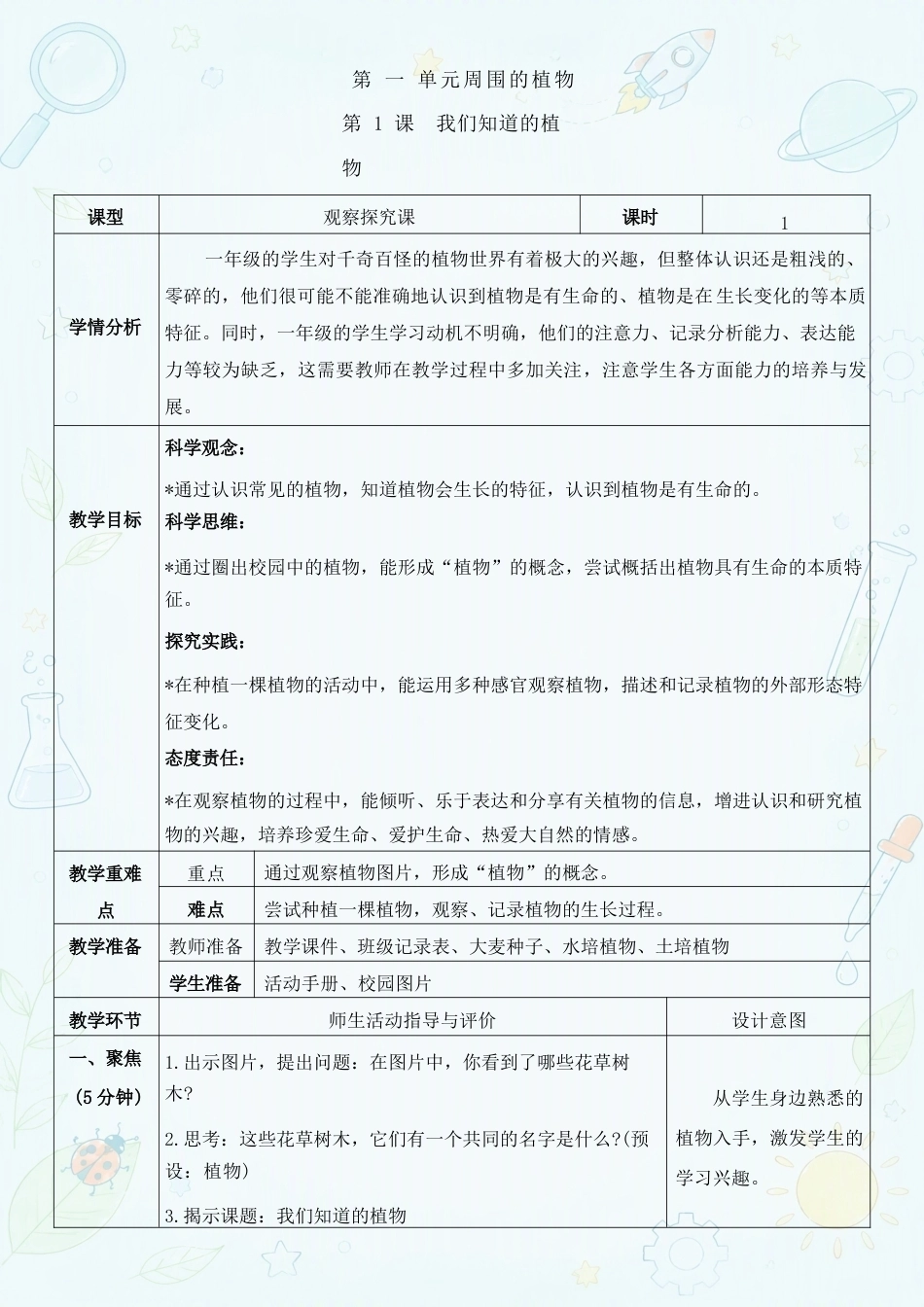 教科版小学科学一年级上册全册教学设计教案合集（2024年）.docx_第2页