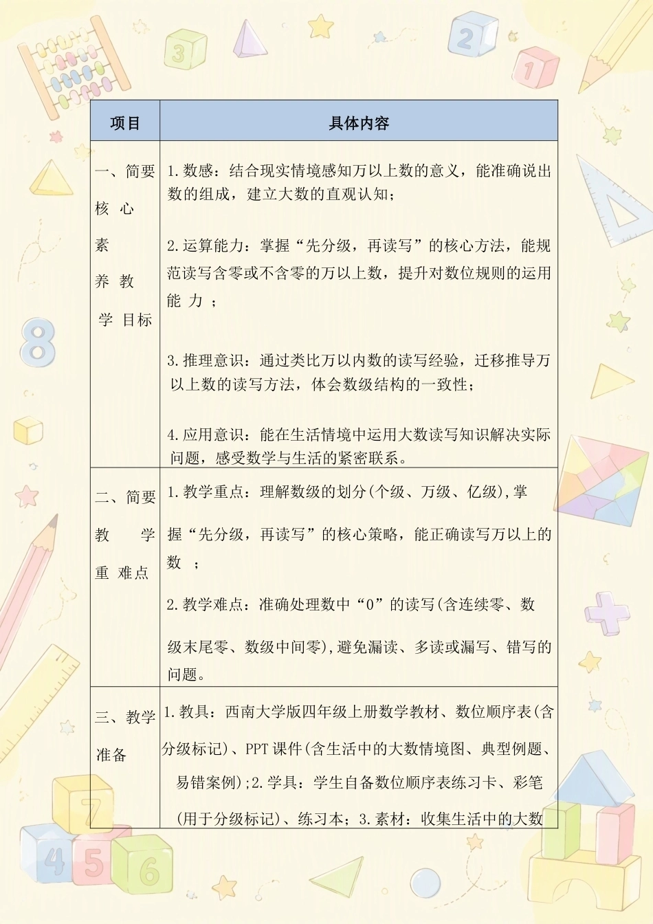 西南大学版（2025—2026学年）小学数学四年级上册全册教学设计合集.docx_第3页